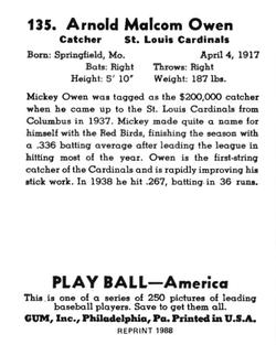 1988 1939 Play Ball Reprints #135 Mickey Owen Back