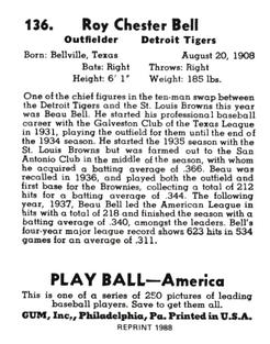1988 1939 Play Ball Reprints #136 Beau Bell Back