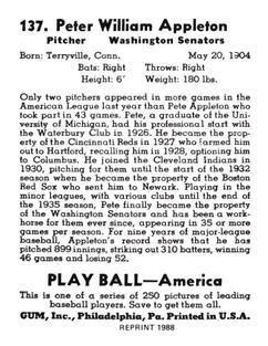 1988 1939 Play Ball Reprints #137 Pete Appleton Back