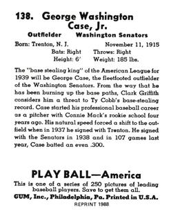 1988 1939 Play Ball Reprints #138 George Case Back