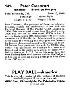 1988 1939 Play Ball Reprints #141 Peter Coscarart Back