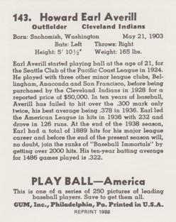1988 1939 Play Ball Reprints #143 Earl Averill Back