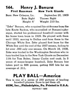 1988 1939 Play Ball Reprints #144 Henry Bonura Back