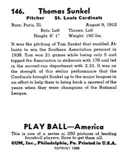 1988 1939 Play Ball Reprints #146 Tom Sunkel Back