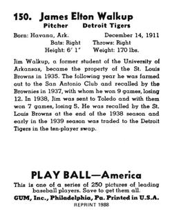 1988 1939 Play Ball Reprints #150 James Walkup Back