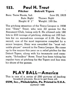 1988 1939 Play Ball Reprints #153 Dizzy Trout Back