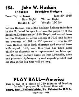 1988 1939 Play Ball Reprints #154 Johnny Hudson Back