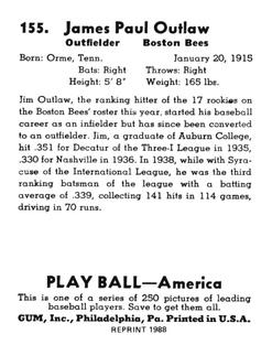 1988 1939 Play Ball Reprints #155 James Outlaw Back