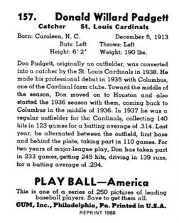 1988 1939 Play Ball Reprints #157 Don Padgett Back