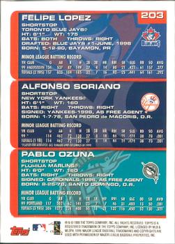 2000 Topps - Home Team Advantage #203 Felipe Lopez / Pablo Ozuna / Alfonso Soriano Back