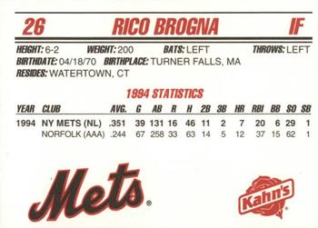 1995 Kahn's New York Mets #NNO Rico Brogna Back