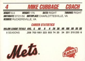 1995 Kahn's New York Mets #NNO Mike Cubbage Back