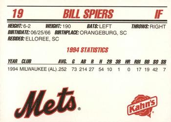 1995 Kahn's New York Mets #NNO Bill Spiers Back