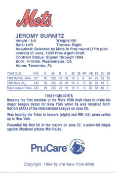 1994 PruCare New York Mets #NNO Jeromy Burnitz Back