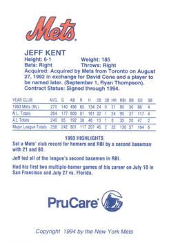 1994 PruCare New York Mets #NNO Jeff Kent Back