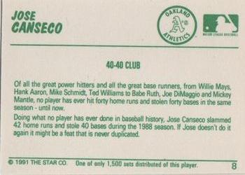 1991 Star Home Run #8 Jose Canseco Back