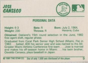 1991 Star Home Run #9 Jose Canseco Back