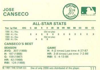 1991 Star Silver #111 Jose Canseco Back