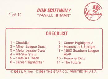 1988 Star Don Mattingly #1 Don Mattingly Back