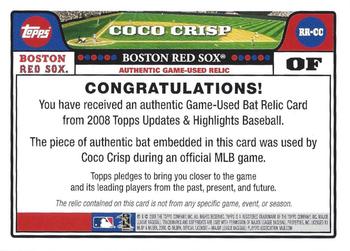 2008 Topps Updates & Highlights - Relics #RR-CC Coco Crisp Back