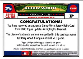 2008 Topps Updates & Highlights - Relics #RR-KW Kerry Wood Back