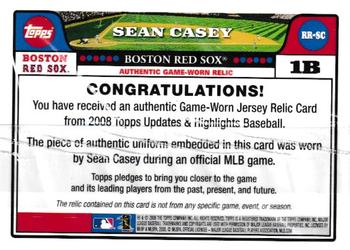 2008 Topps Updates & Highlights - Relics #RR-SC Sean Casey Back