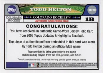 2008 Topps Updates & Highlights - Relics #RR-TH Todd Helton Back