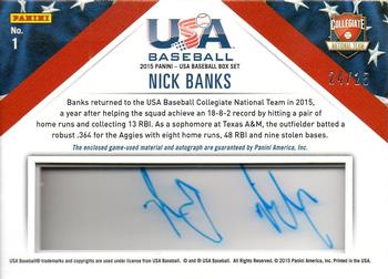 2015 Panini USA Baseball - Collegiate National Team Jerseys Prime Signatures #1 Nick Banks Back