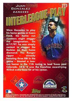 1998 Topps #273 Juan Gonzalez Back