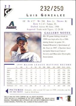 2000 Topps Gallery - Player's Private Issue #22 Luis Gonzalez  Back