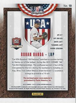 2015 Panini Elite Extra Edition - USA Baseball 15U Game Jerseys #10 Rohan Handa Back