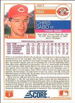1988 Score Rookie & Traded #100T Chris Sabo Back