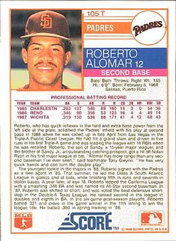 1988 Score Rookie & Traded #105T Roberto Alomar Back
