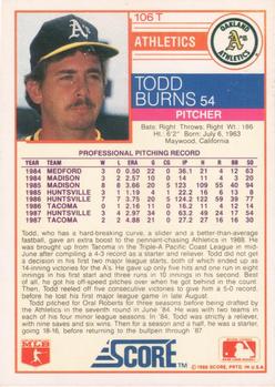 1988 Score Rookie & Traded #106T Todd Burns Back