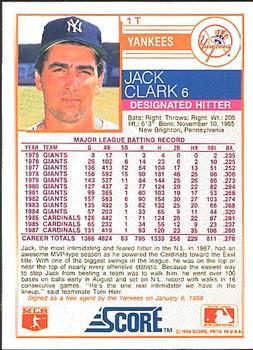 1988 Score Rookie & Traded #1T Jack Clark Back