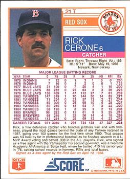 1988 Score Rookie & Traded #21T Rick Cerone Back