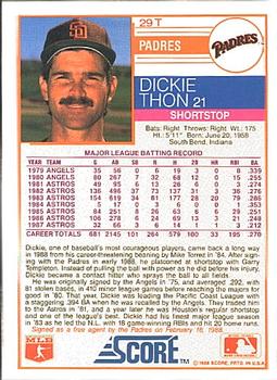 1988 Score Rookie & Traded #29T Dickie Thon Back