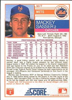 1988 Score Rookie & Traded #30T Mackey Sasser Back