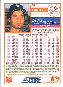 1988 Score Rookie & Traded #40T John Candelaria Back