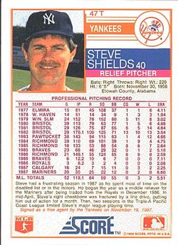 1988 Score Rookie & Traded #47T Steve Shields Back