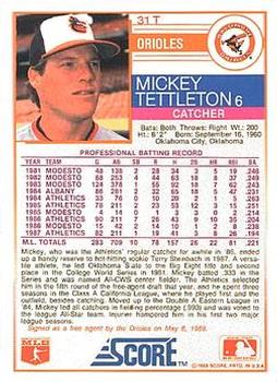 1988 Score Rookie & Traded #31T Mickey Tettleton Back