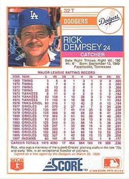 1988 Score Rookie & Traded #32T Rick Dempsey Back