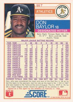 1988 Score Rookie & Traded #55T Don Baylor Back