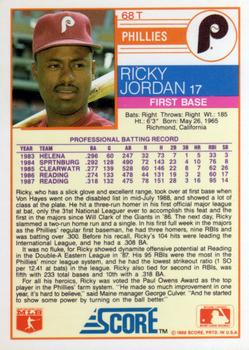1988 Score Rookie & Traded #68T Ricky Jordan Back