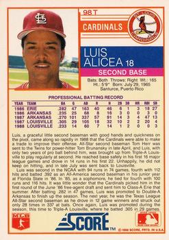 1988 Score Rookie & Traded #98T Luis Alicea Back