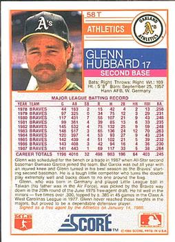 1988 Score Rookie & Traded #58T Glenn Hubbard Back