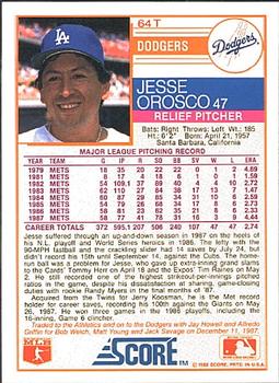 1988 Score Rookie & Traded #64T Jesse Orosco Back