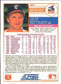 1988 Score Rookie & Traded #66T Jeff Bittiger Back