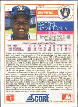 1988 Score Rookie & Traded #72T Darryl Hamilton Back