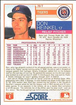 1988 Score Rookie & Traded #79T Don Heinkel Back